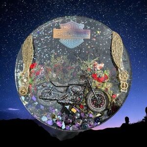 Epoxy Resin Art of Harley Davidson Motorcycle Tray w/Handles. Biker Decor.